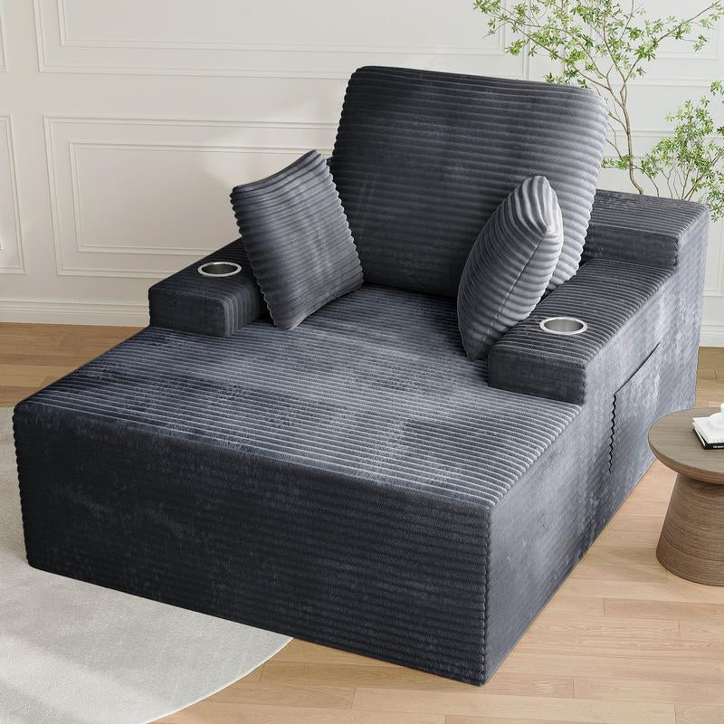 LIKIMIO 49" Oversized Chaise Lounge Sofa Bed with 2 Cup Holders & Storage Pocket - Plush Corduroy Upholstered, No Assembly Cloud Couch for Living Room, Bedroom, or Reading Nook