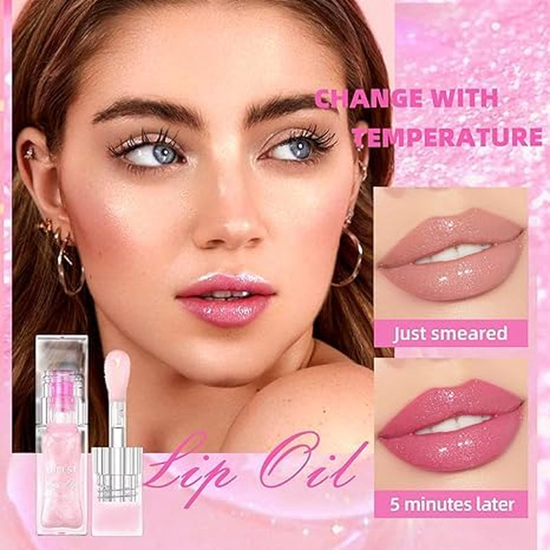 Hydrating Shimmer Lip Glow Oil, Color Changing Tint,Glossy Transparent Plumping Lip Gloss, Moisturizing Lip Oil, Tinted Lip Oil for Lip Care and Dry Lips, Pink