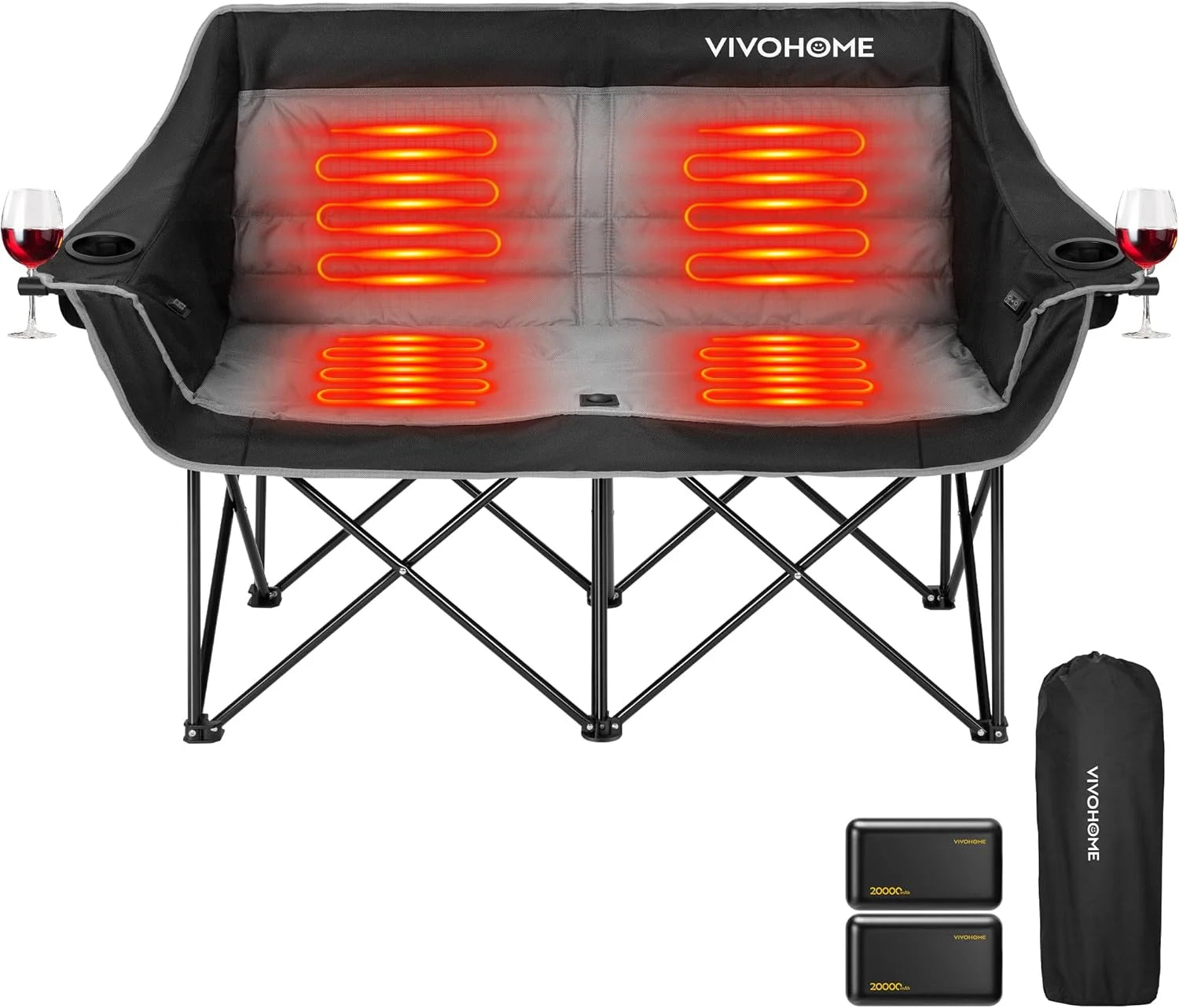 Heated Double Camping Chair, with 2*20,000 Mah Power Bank and 12V 20W PD Fast Charging Type C Port, 3 Levels Heating, NTC Overheat Protection System