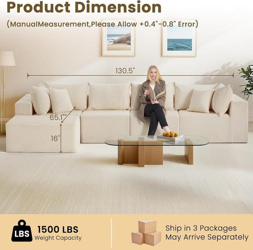 Oversize 131” L Shaped Modular Sectional Sofa Cloud Couches for Living Room,No Assembly Corduroy Convertible Sleeper Sofa Bed,Compression Memory Foam