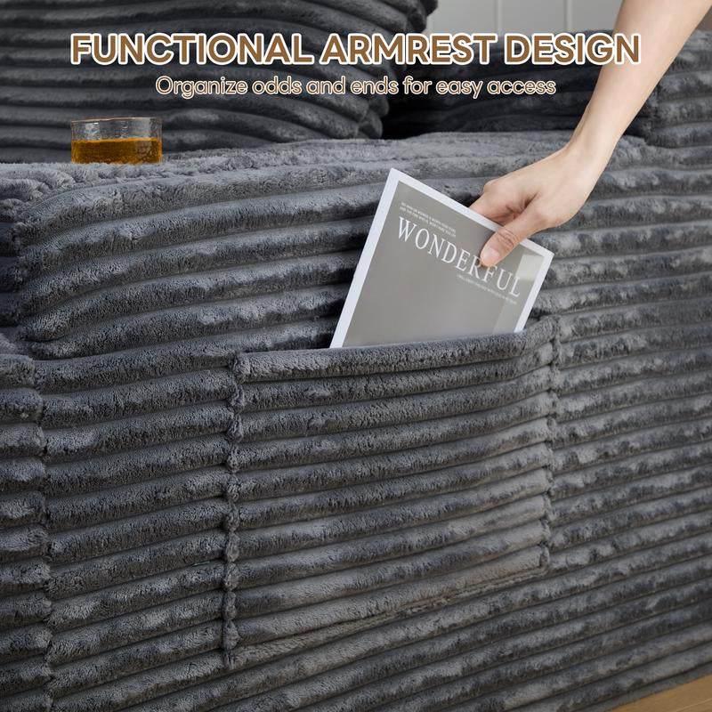 LIKIMIO 49" Oversized Chaise Lounge Sofa Bed with 2 Cup Holders & Storage Pocket - Plush Corduroy Upholstered, No Assembly Cloud Couch for Living Room, Bedroom, or Reading Nook