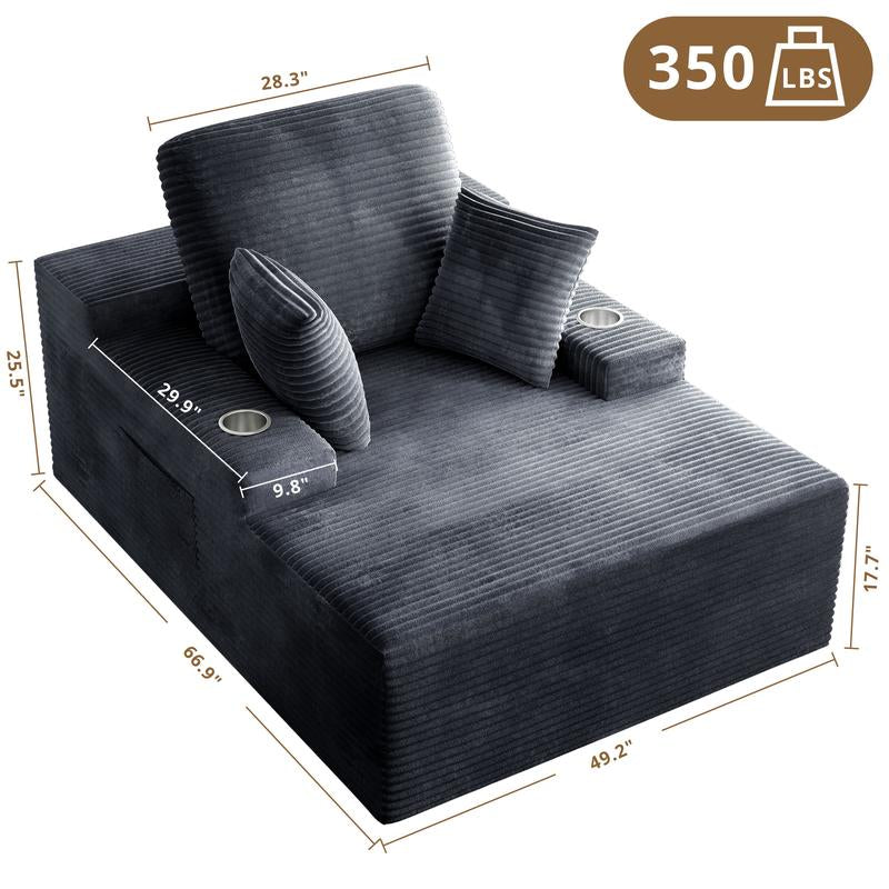 LIKIMIO 49" Oversized Chaise Lounge Sofa Bed with 2 Cup Holders & Storage Pocket - Plush Corduroy Upholstered, No Assembly Cloud Couch for Living Room, Bedroom, or Reading Nook