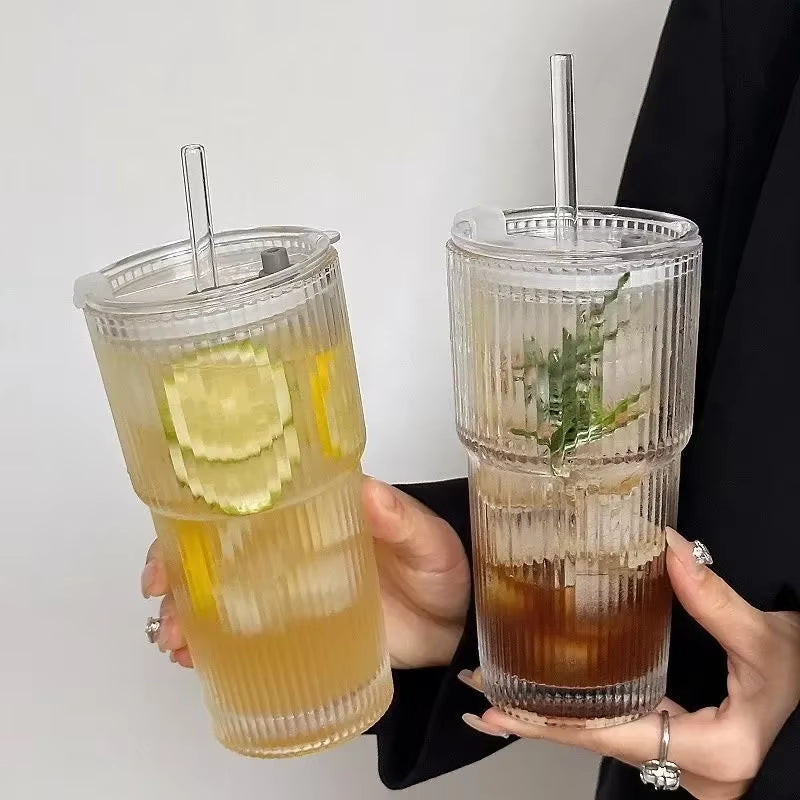 Striped Glass Tumbler with Lid & Straw ✨