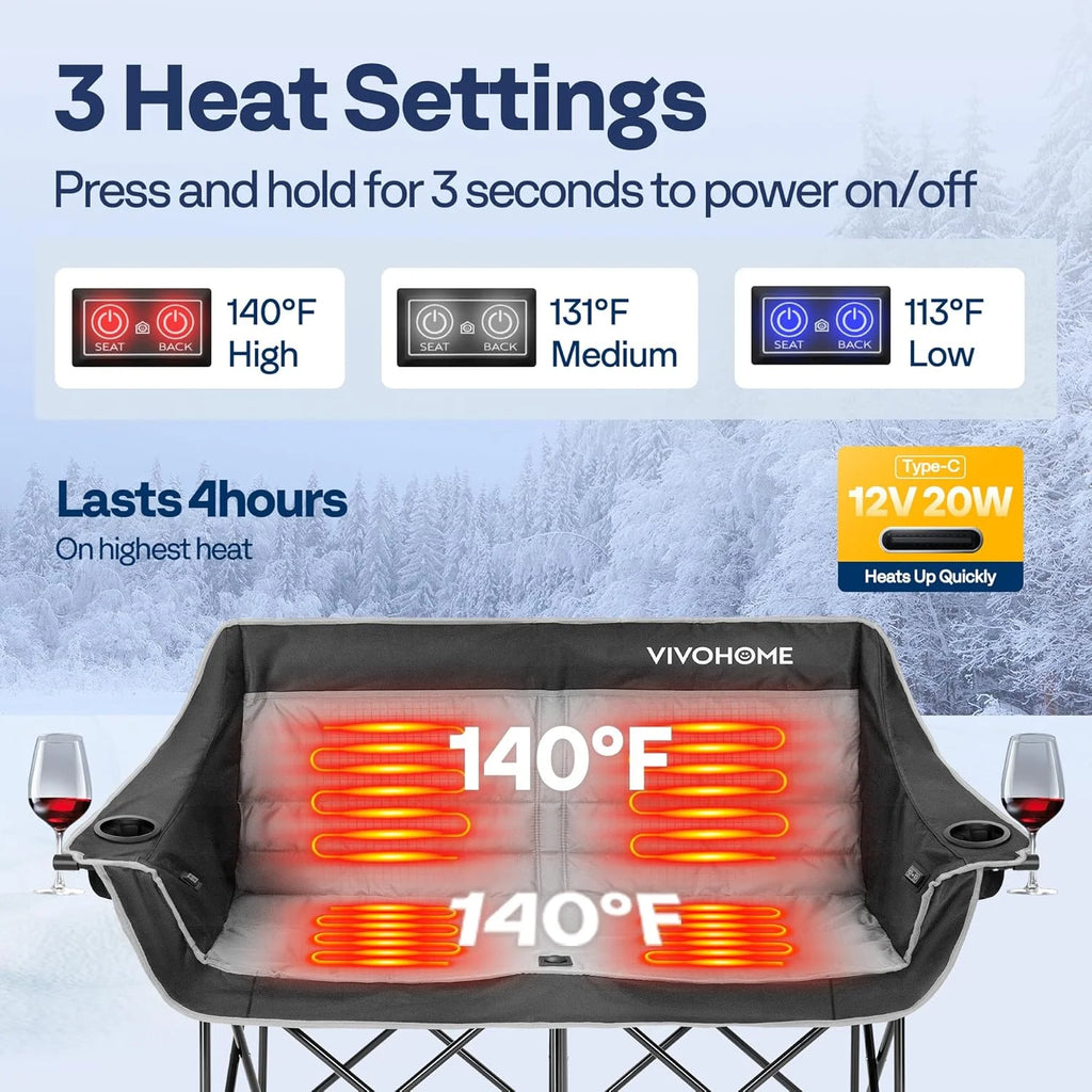 Heated Double Camping Chair, with 2*20,000 Mah Power Bank and 12V 20W PD Fast Charging Type C Port, 3 Levels Heating, NTC Overheat Protection System