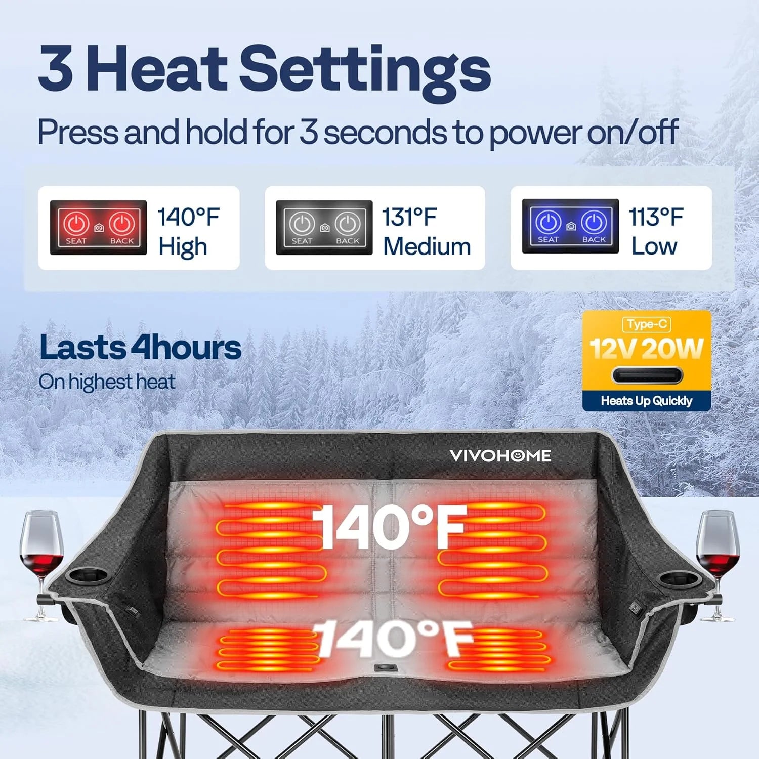 Heated Double Camping Chair, with 2*20,000 Mah Power Bank and 12V 20W PD Fast Charging Type C Port, 3 Levels Heating, NTC Overheat Protection System