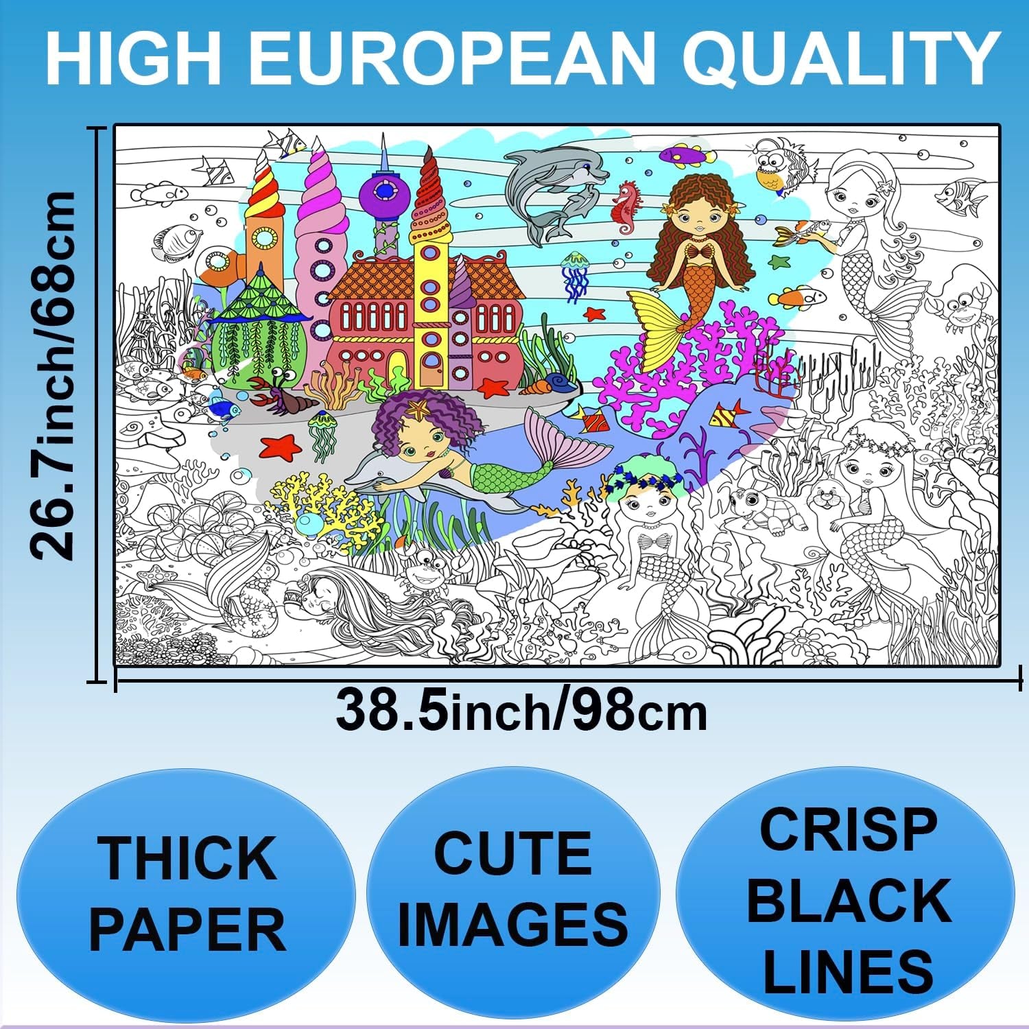 , Giant Coloring Poster - Mermaid Large Wall Pages - Fun Kids Art Project Activities - Jumbo Coloring Sheets Books for Girls - Huge Posters to Color - Big Floor Size 38.5”X26.7”