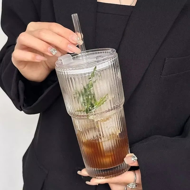 Striped Glass Tumbler with Lid & Straw ✨