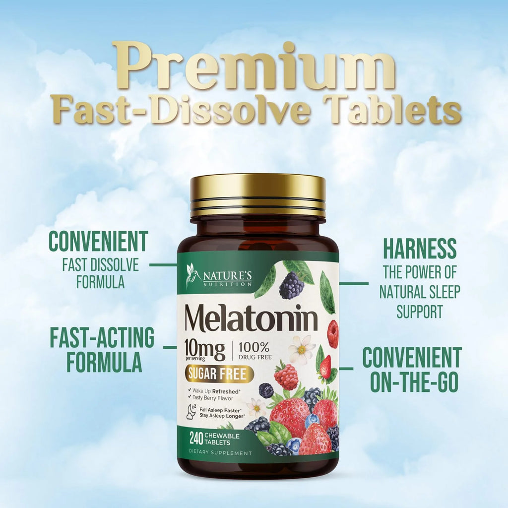 Melatonin 10 Mg Fast Dissolve, Melatonin Supplements for Restful Sleep, Natural Sleep Support Supplement for Adults, Extra Strength Strawberry-Flavored Tablets, Sugar Free, 240 Tablets 120 Day Supply