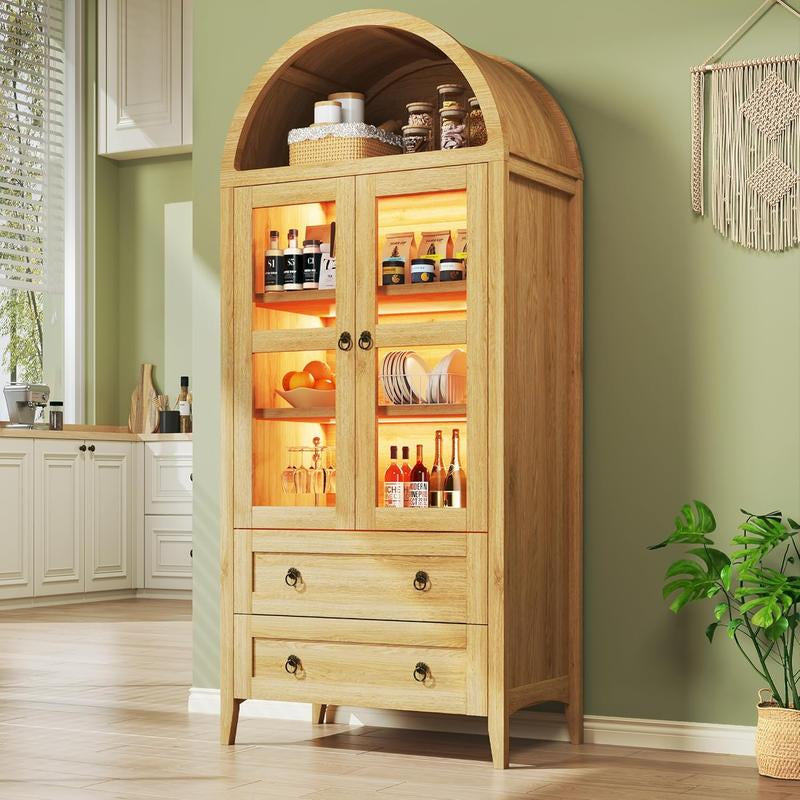 Farmhouse Arched Cabinet with Glass Doors, Wood Display Cabinet with Drawer and Adjustable Shelves, 71” Tall Bookshelf Modern China Storage Kitchen Pantry for Living Room,Office