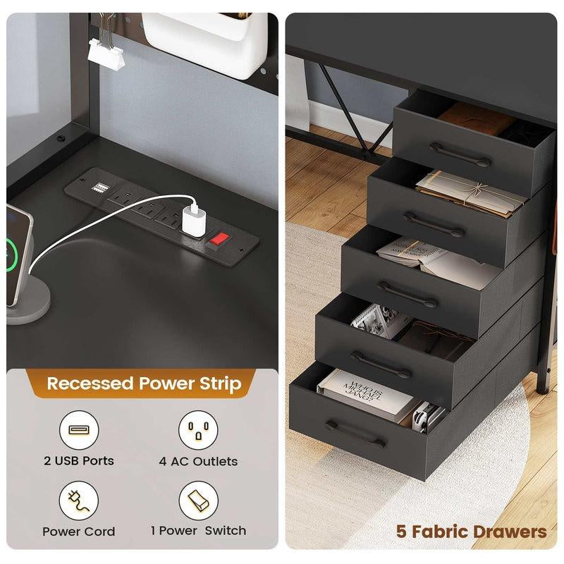 Sikaic 62 Inches LED Reversible L Shaped Gaming Desk with Power Outlet Storage Drawers Hutch and Pegboard Furniture Computer Chair Dual Monitor Stand