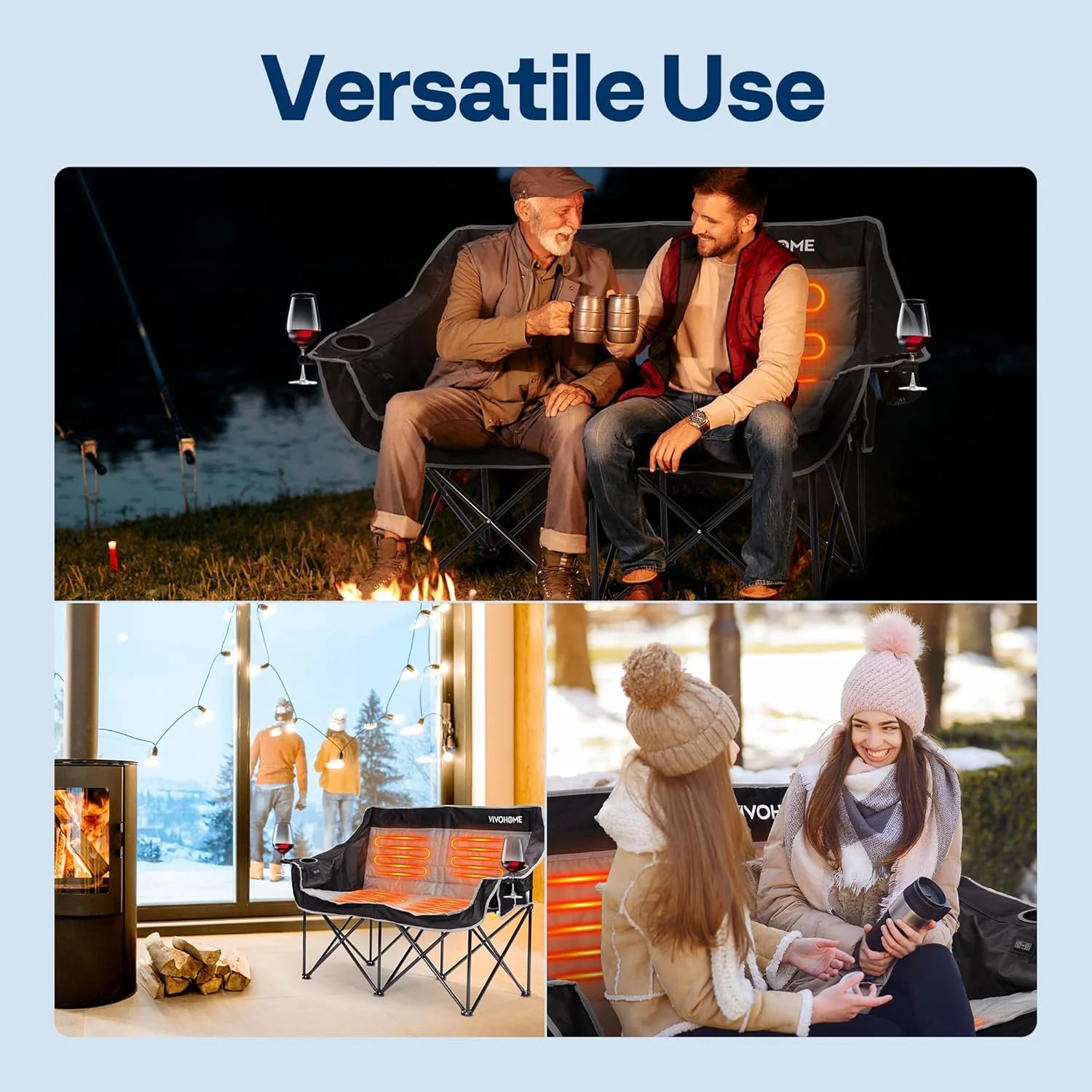 Heated Double Camping Chair, with 2*20,000 Mah Power Bank and 12V 20W PD Fast Charging Type C Port, 3 Levels Heating, NTC Overheat Protection System