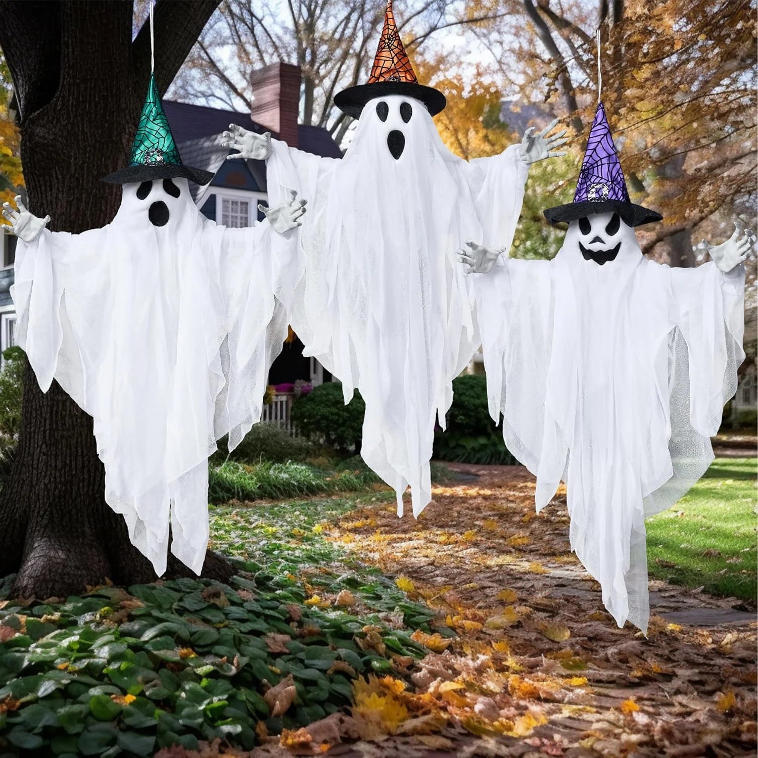 3 Packs Hanging Ghost Halloween Decorations Outdoor,24.8" White Flying Ghosts with Hats Outdoor Hanging Halloween Decorations Yard Decorations