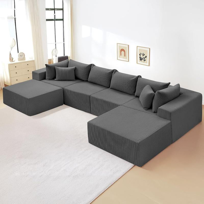 Oversize 131” L Shaped Modular Sectional Sofa Cloud Couches for Living Room,No Assembly Corduroy Convertible Sleeper Sofa Bed,Compression Memory Foam