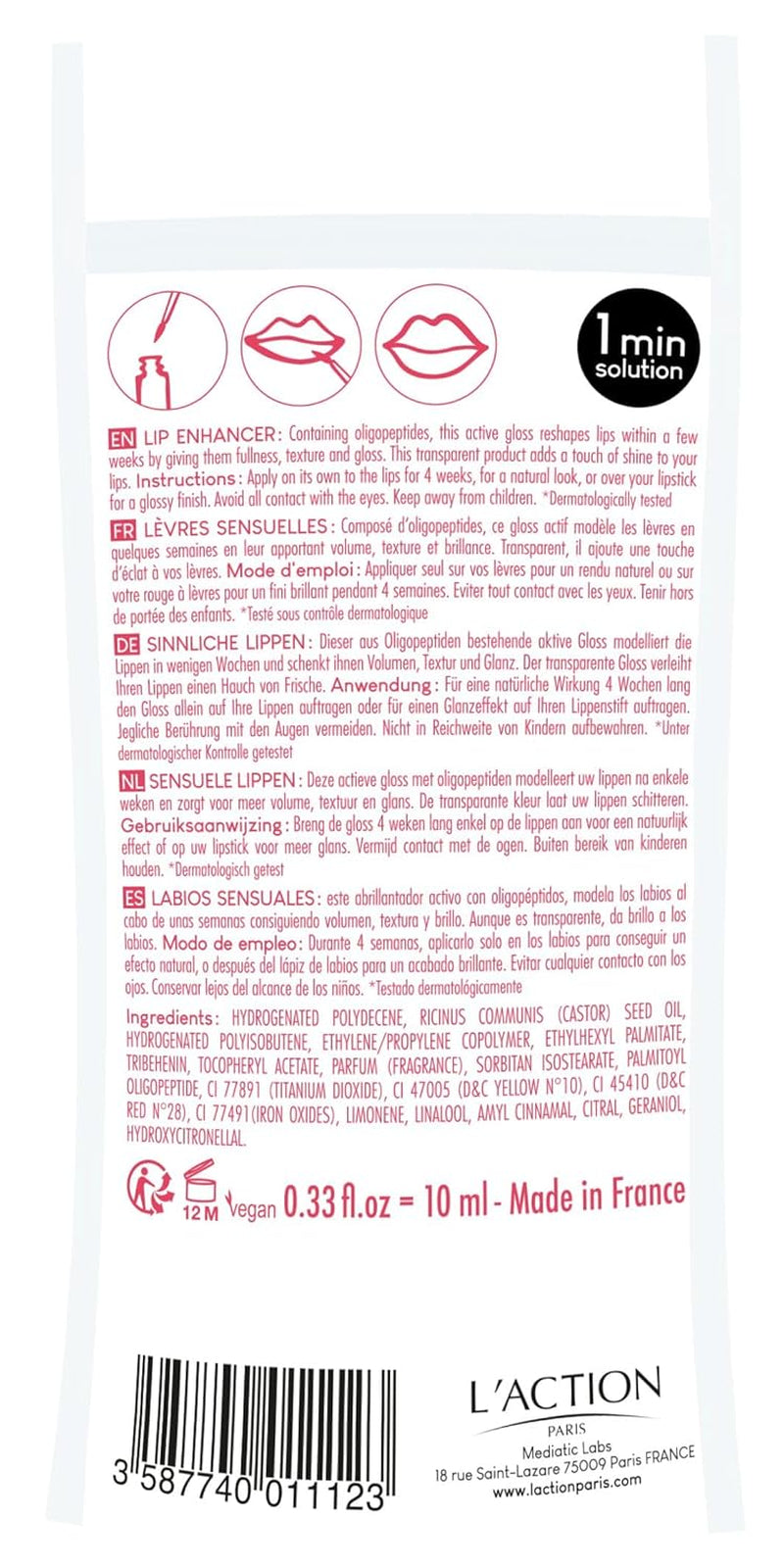 Volume Lip Enhancer, Lip Gloss for Fullness Texture and Glossy Finish, Transparent Formula with Oligopeptides for Natural Shine and Volume 10Ml