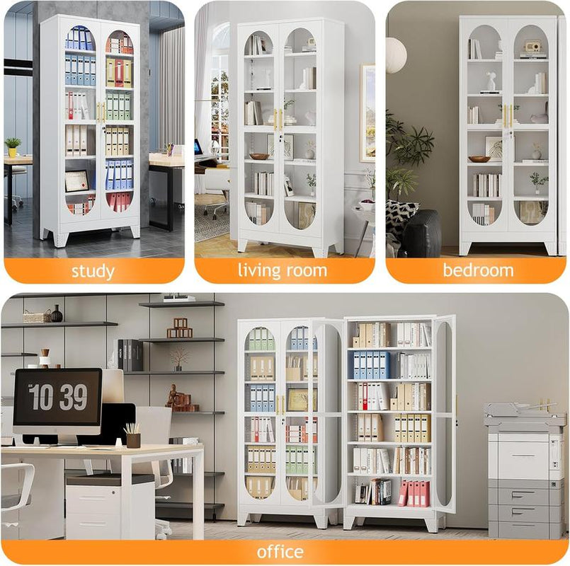 H75"Tall Display Cabinet with Glass Door, 6 Tier Metal Curio Cabinet with 5 Adjustable Shelves, Locking Glass Display Case for Collectibles, Showcase Storage Cabinets for Showroom Clinic