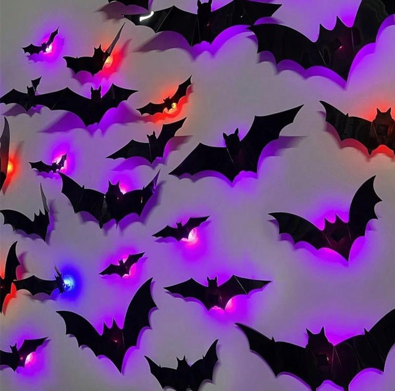 LED Light Bat Decorations - 12-24-36 Pack Lighted 3D Bat Stickers Assorted Sizes for Halloween Party Bedroom Window Decorations Indoor Outdoor Home Decals