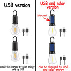 LED Solar Camping Lights USB Rechargeable Bulbs Lamp Dimmable with Hooks Vintage Light for Hiking Tent Lantern Outdoor Lighting