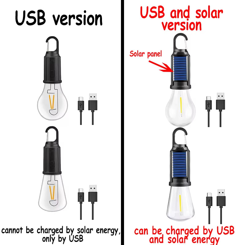 LED Solar Camping Lights USB Rechargeable Bulbs Lamp Dimmable with Hooks Vintage Light for Hiking Tent Lantern Outdoor Lighting