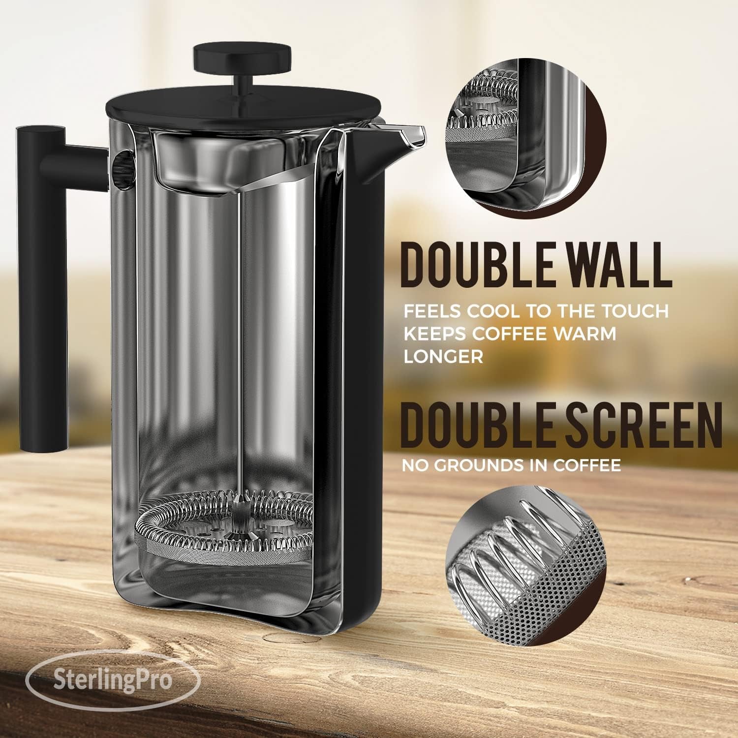 French Press Coffee Maker (1.5L)-Double Walled Large Coffee Press with 2 Extra Filters-Enjoy Granule-Free Coffee, Stylish Rust Free Kitchen Accessory-Stainless Steel (Black)