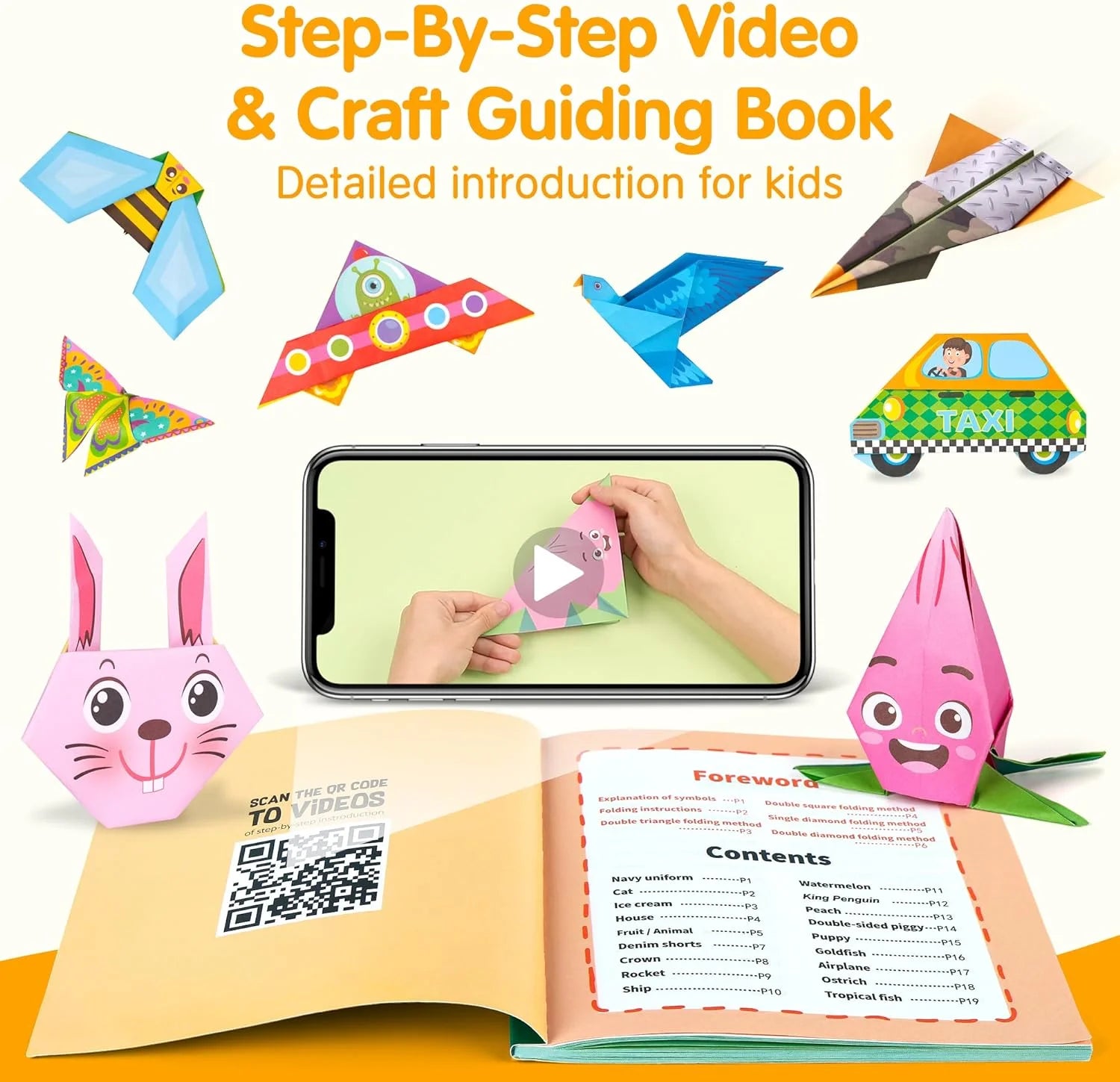 Origami Paper 224 Sheets Origami Kit for Kids Ages 8-12, Square Craft Paper Color Folding Paper Set with Guiding Book for Easy DIY Art and Craft Projects Best Craft Gifts for Kids