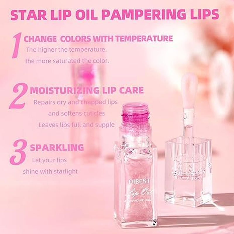 Hydrating Shimmer Lip Glow Oil, Color Changing Tint,Glossy Transparent Plumping Lip Gloss, Moisturizing Lip Oil, Tinted Lip Oil for Lip Care and Dry Lips, Pink