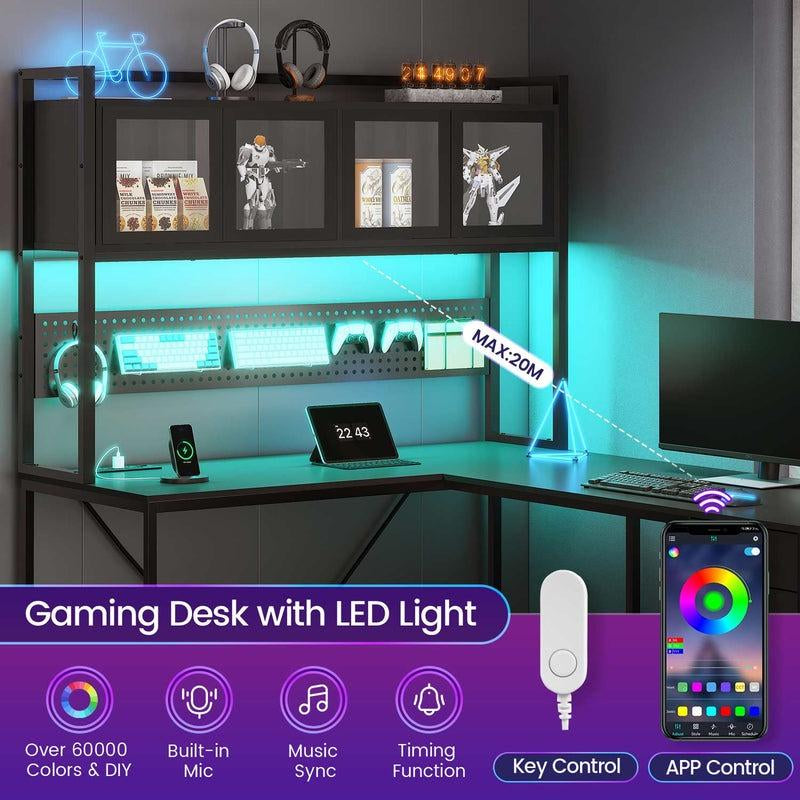 Sikaic 62 Inches LED Reversible L Shaped Gaming Desk with Power Outlet Storage Drawers Hutch and Pegboard Furniture Computer Chair Dual Monitor Stand