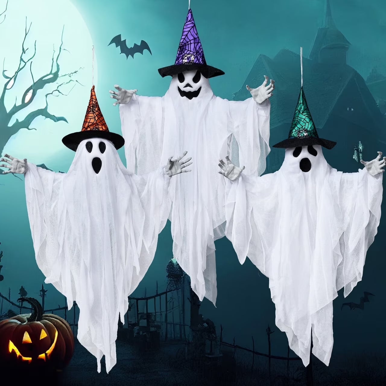 3 Packs Hanging Ghost Halloween Decorations Outdoor,24.8" White Flying Ghosts with Hats Outdoor Hanging Halloween Decorations Yard Decorations