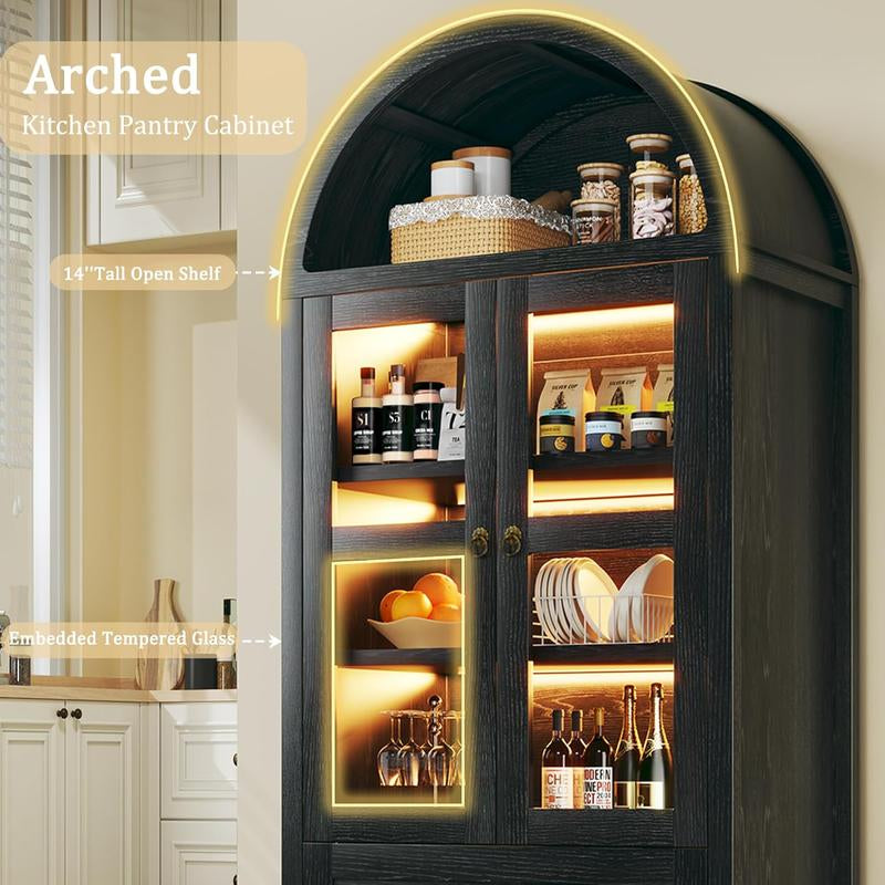 Farmhouse Arched Cabinet with Glass Doors, Wood Display Cabinet with Drawer and Adjustable Shelves, 71” Tall Bookshelf Modern China Storage Kitchen Pantry for Living Room,Office