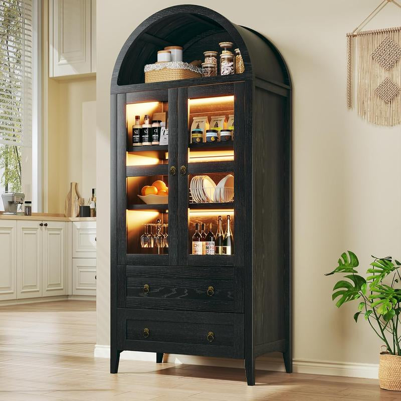 Farmhouse Arched Cabinet with Glass Doors, Wood Display Cabinet with Drawer and Adjustable Shelves, 71” Tall Bookshelf Modern China Storage Kitchen Pantry for Living Room,Office