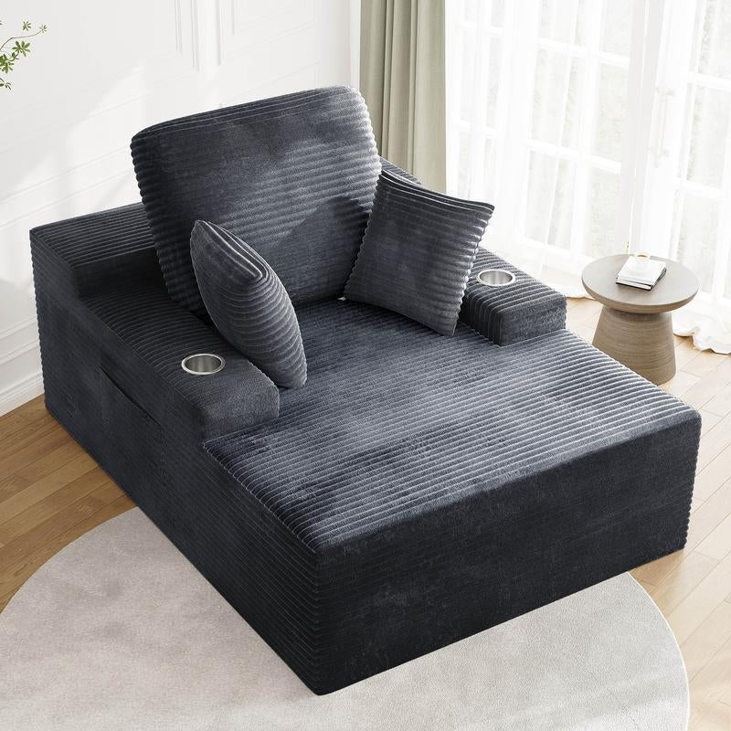 LIKIMIO 49" Oversized Chaise Lounge Sofa Bed with 2 Cup Holders & Storage Pocket - Plush Corduroy Upholstered, No Assembly Cloud Couch for Living Room, Bedroom, or Reading Nook