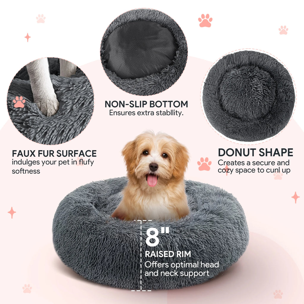24" Calming Dog Bed for Medium Small Dogs, Donut Plush Pet Bed, Anti-Anxiety Cuddler Cozy Soft Cat Bed