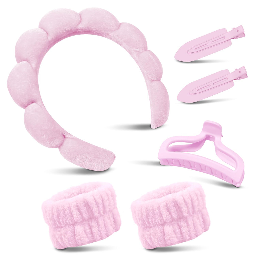 Spa Headband for Washing Face, Cute Skincare Headband and Wristband with Hair Clips Set for Women Girl, Soft-Puffy Velvet Makeup Headbands (Pink)