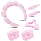 Spa Headband for Washing Face, Cute Skincare Headband and Wristband with Hair Clips Set for Women Girl, Soft-Puffy Velvet Makeup Headbands (Pink)