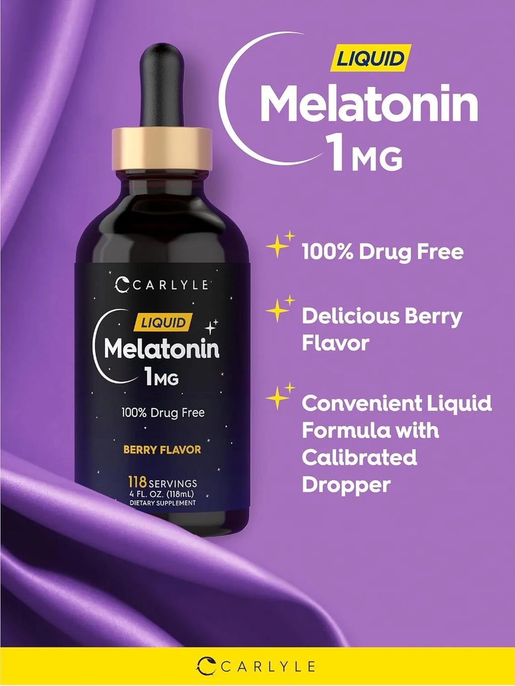 Melatonin Liquid 1Mg | 4 Oz Supplement for Men and Women | Berry Flavor | Vegetarian | by