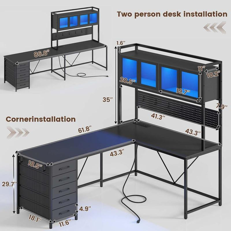 Sikaic 62 Inches LED Reversible L Shaped Gaming Desk with Power Outlet Storage Drawers Hutch and Pegboard Furniture Computer Chair Dual Monitor Stand