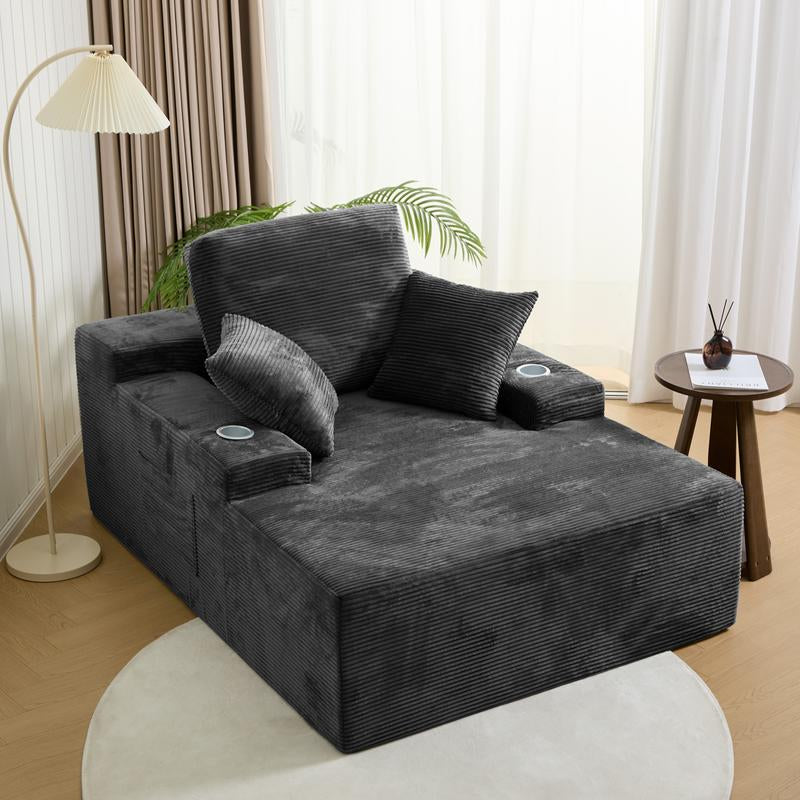 LIKIMIO 49" Oversized Chaise Lounge Sofa Bed with 2 Cup Holders & Storage Pocket - Plush Corduroy Upholstered, No Assembly Cloud Couch for Living Room, Bedroom, or Reading Nook