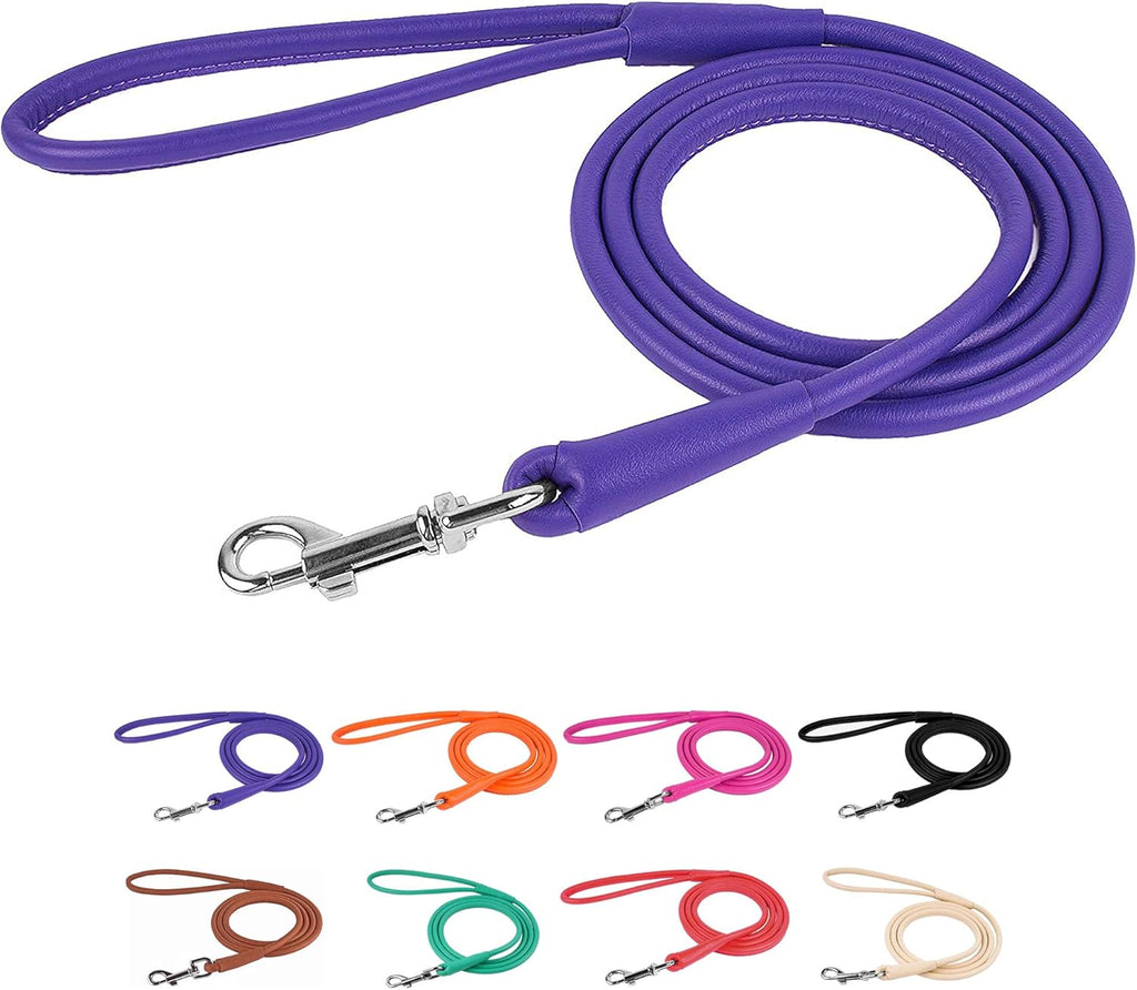 Rolled Leather Dog Leash 4Ft, Soft Padded Training Leather Dog Lead 6Ft, Puppy Leash Rolled Leather Small Medium Large Black Blue Red Orange Green Pink White (Purple, Size L 6Ft)