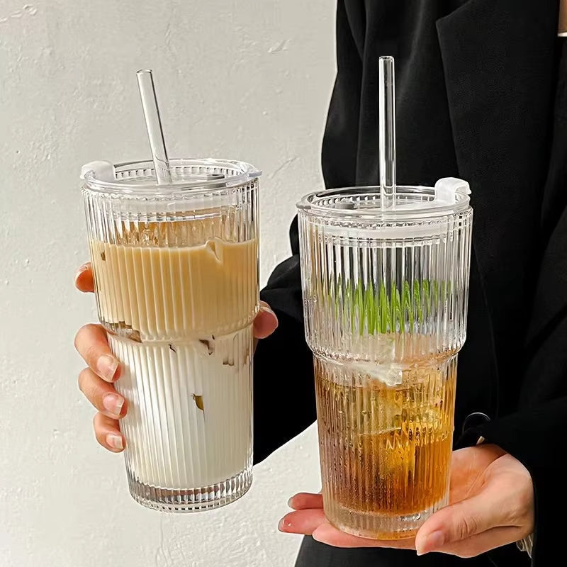 Striped Glass Tumbler with Lid & Straw ✨