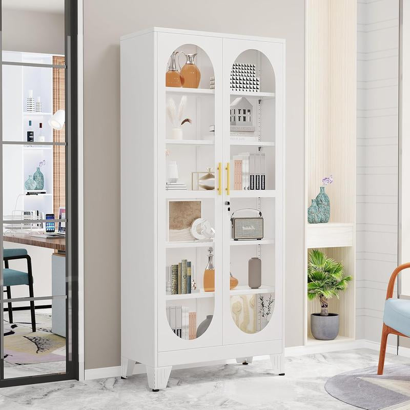 H75"Tall Display Cabinet with Glass Door, 6 Tier Metal Curio Cabinet with 5 Adjustable Shelves, Locking Glass Display Case for Collectibles, Showcase Storage Cabinets for Showroom Clinic