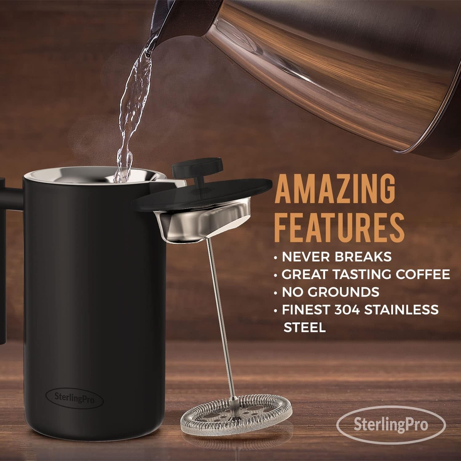 French Press Coffee Maker (1.5L)-Double Walled Large Coffee Press with 2 Extra Filters-Enjoy Granule-Free Coffee, Stylish Rust Free Kitchen Accessory-Stainless Steel (Black)