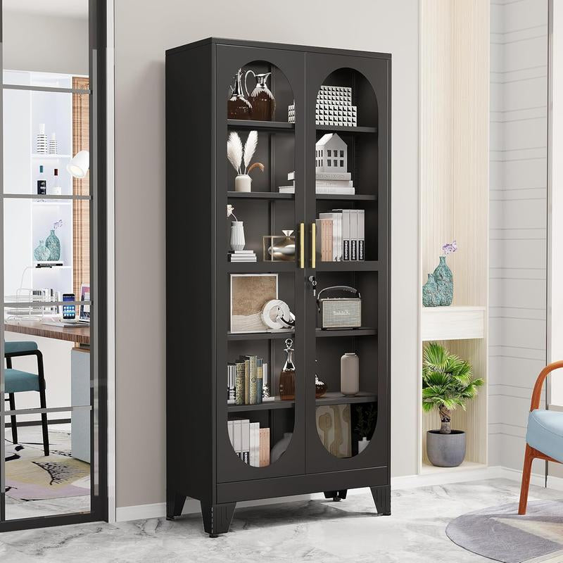 H75"Tall Display Cabinet with Glass Door, 6 Tier Metal Curio Cabinet with 5 Adjustable Shelves, Locking Glass Display Case for Collectibles, Showcase Storage Cabinets for Showroom Clinic