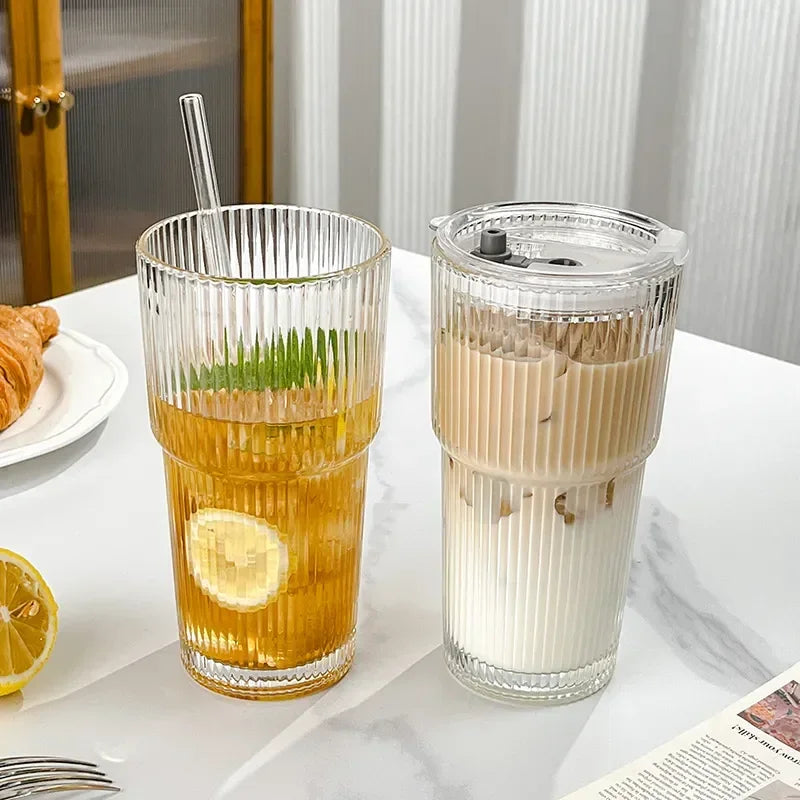 Striped Glass Tumbler with Lid & Straw ✨