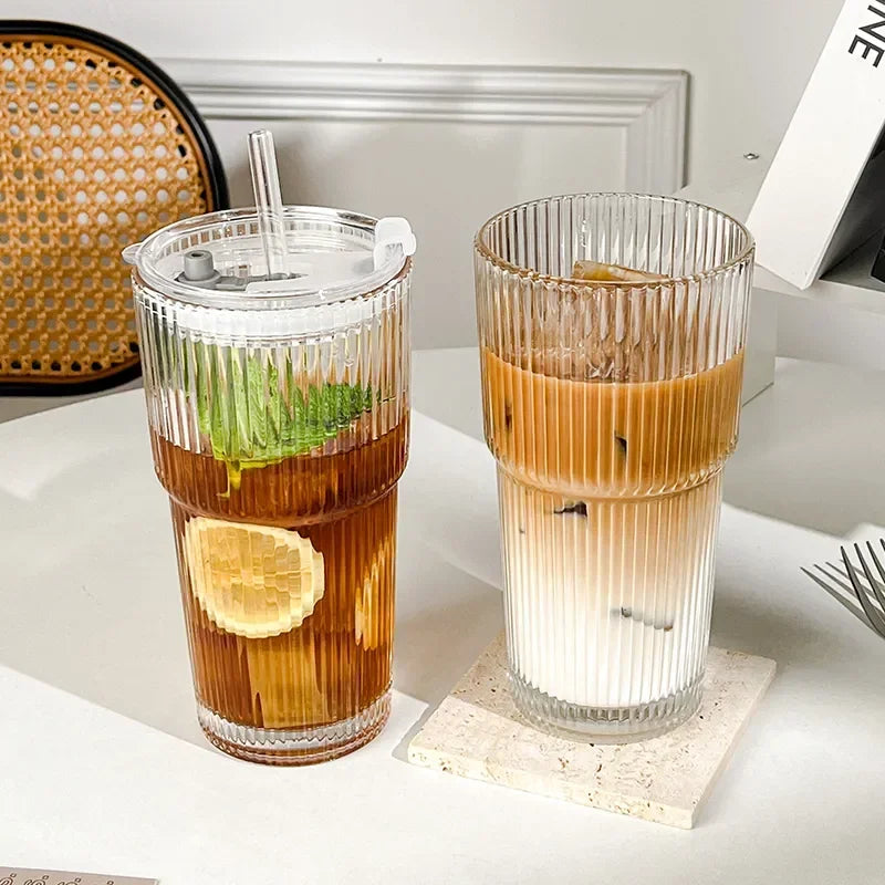 Striped Glass Tumbler with Lid & Straw ✨