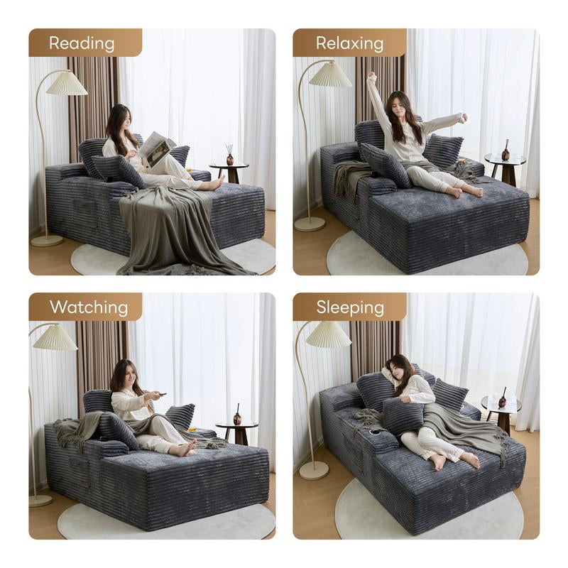 LIKIMIO 49" Oversized Chaise Lounge Sofa Bed with 2 Cup Holders & Storage Pocket - Plush Corduroy Upholstered, No Assembly Cloud Couch for Living Room, Bedroom, or Reading Nook