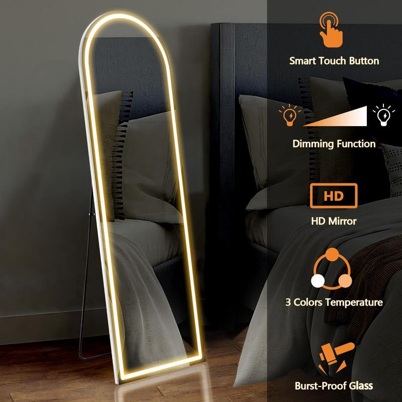 Floor Mirror Stand Mirror Full Length with LED Lights, Floor Mirror Dimming & 3 Color Lighting