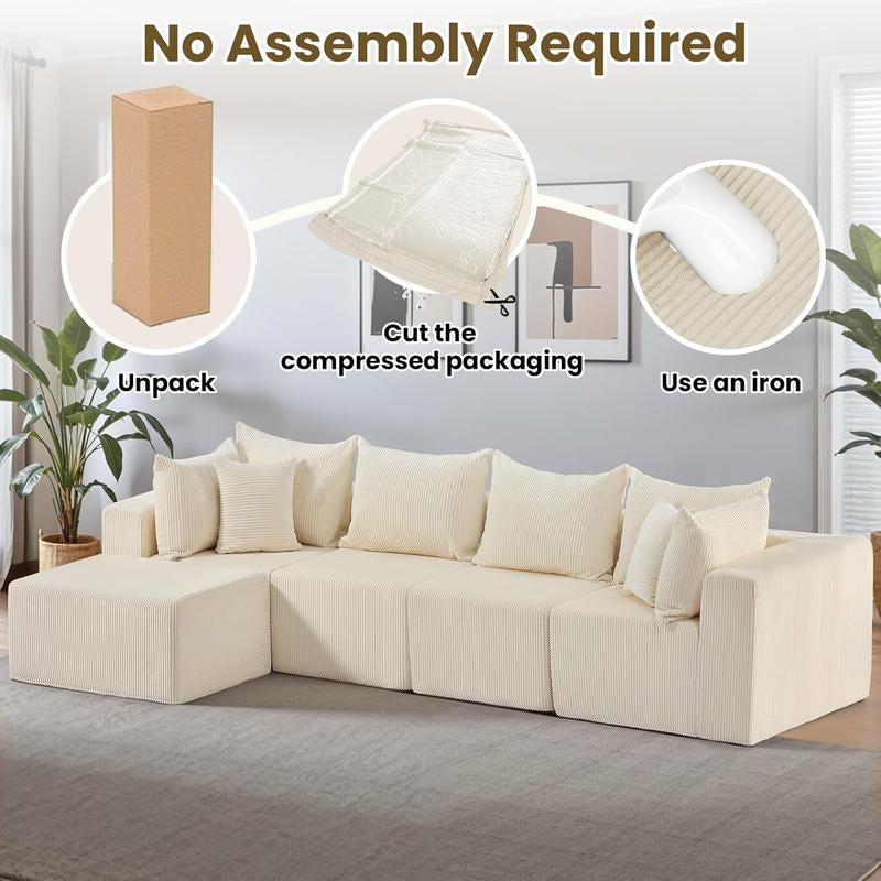 Oversize 131” L Shaped Modular Sectional Sofa Cloud Couches for Living Room,No Assembly Corduroy Convertible Sleeper Sofa Bed,Compression Memory Foam