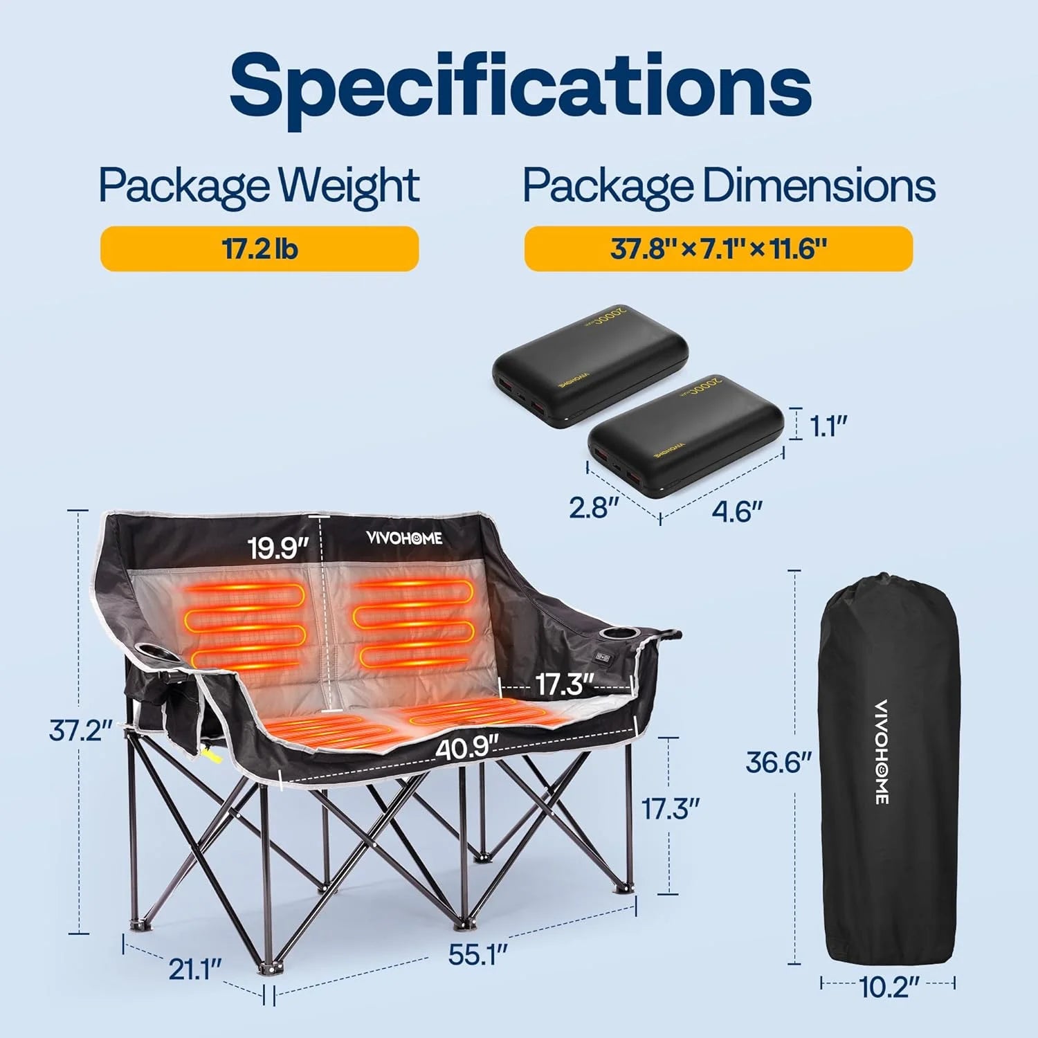 Heated Double Camping Chair, with 2*20,000 Mah Power Bank and 12V 20W PD Fast Charging Type C Port, 3 Levels Heating, NTC Overheat Protection System