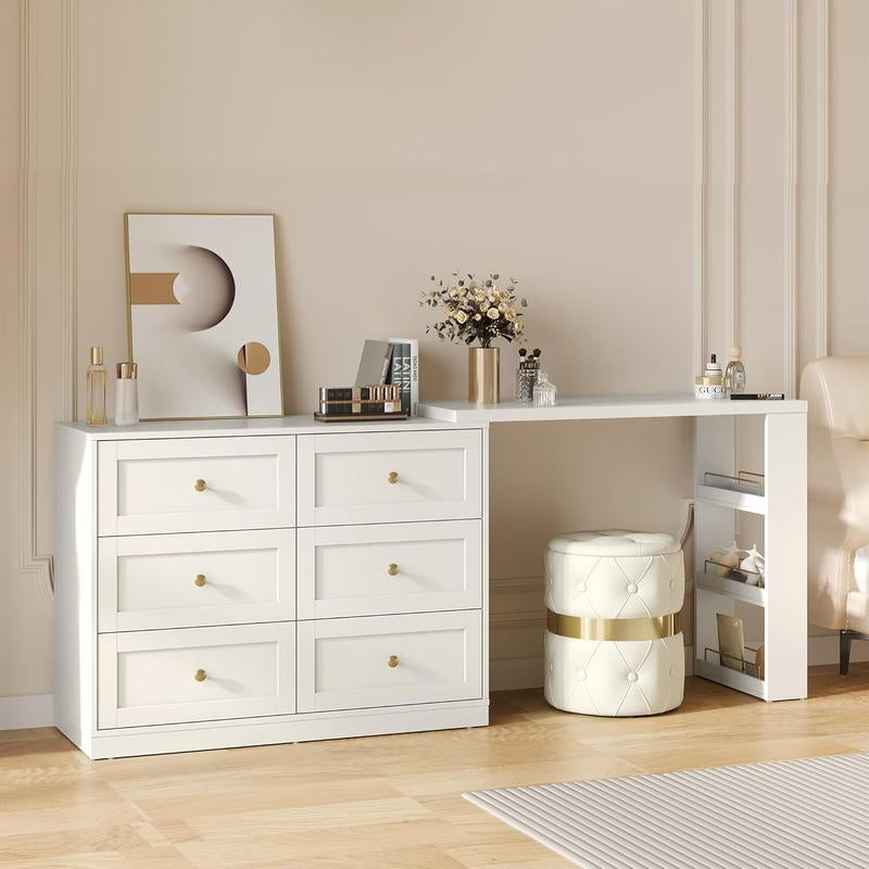 Royalcraft Makeup Vanity Desk, Large Extendable Corner Vanity Makeup Table with 3 Drawers, Modern Dressing Table for Bedroom, White Makeup Vanity without Mirror