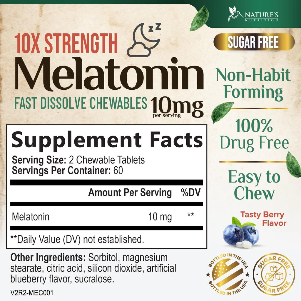 Melatonin 10 Mg Fast Dissolve, Melatonin Supplements for Restful Sleep, Natural Sleep Support Supplement for Adults, Extra Strength Strawberry-Flavored Tablets, Sugar Free, 240 Tablets 120 Day Supply