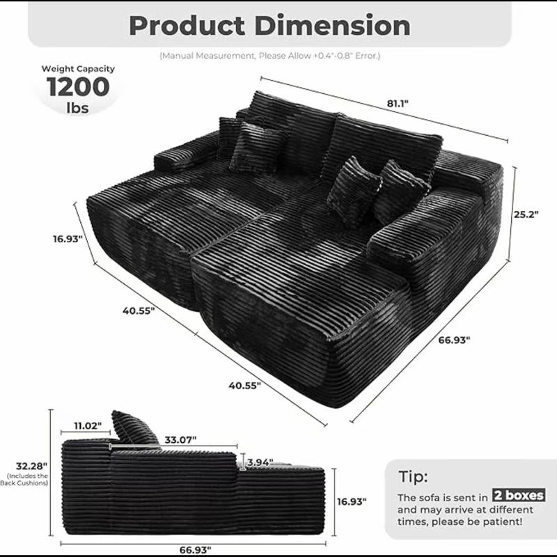 Modern Cloud Sofa, Boneless Sleep Sofa, Modular Design Segmented Sofa Bed, Luxurious Corduroy Cover, No Assembly Required, Suitable for Living Room Use, Comes with 6 Pillows, Oversized Comfortable Black Sofa Sofa Bed